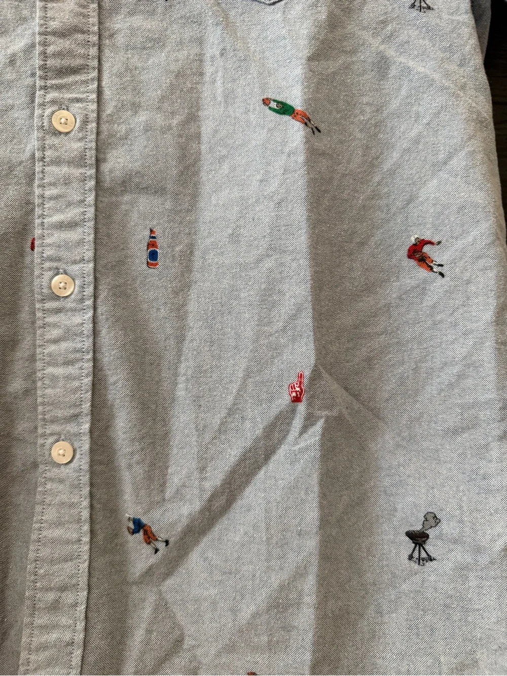 J. Crew Light Blue Short-Sleeve Button-Down with Multicolor Embroidered Motifs